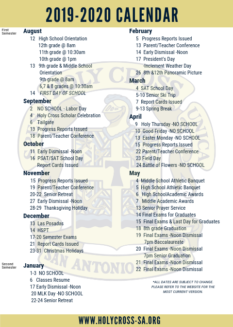 Holy Cross of San Antonio - 2019-2020 School Calendar